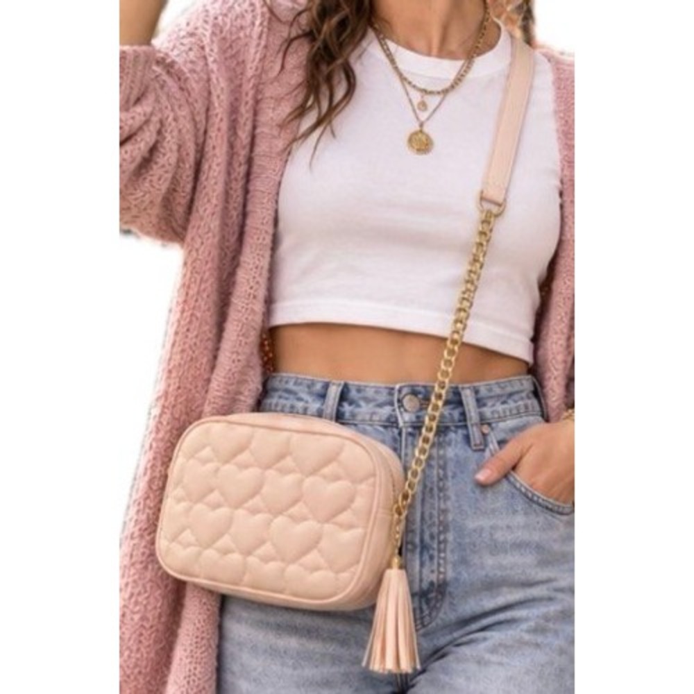 NWT Divine Love Peace Quilted Heart Camera Box Crossbody Purse. Pink/Gold